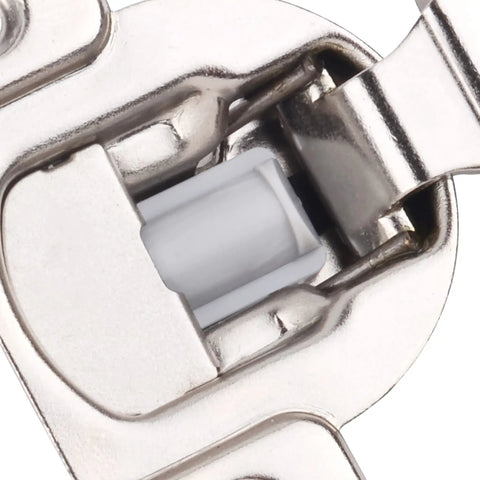 Close-up of Soft Close Cabinet Hinges Half Inch Overlay Nickel Plated Steel showing internal mechanism for no squeak smooth shut.