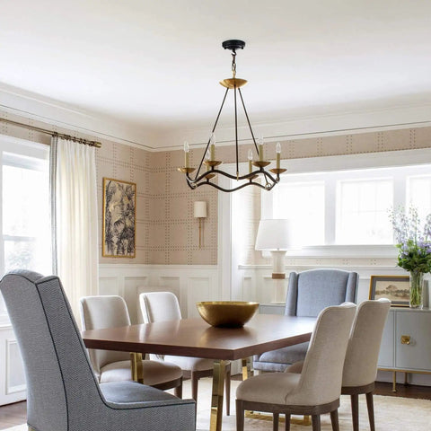 Dining room with chandelier hanging from upgraded 4.1 inch iron ceiling canopy kit for pendant lights and chandeliers.