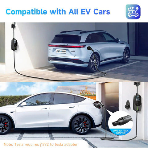 Level 2 EV Charger 40 Amp 240 V 9.6 kW Portable Home Charging Station With NEMA 14-50P connected to electric cars