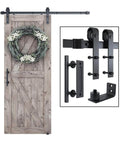 Heavy Duty 5ft Sliding Barn Door Hardware Kit With Track Kit, Pull Handle Set, And Floor Guide shown with grey door installation.