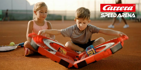 Children exploring the Speed Arena Disney Pixar Cars Slot Car Race Track Set With Lightning McQueen And Dinoco Cruz Ramirez.