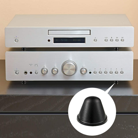 DIY Friendly Self Adhesive Black Conical Rubber Bumpers Set Of 24 In Three Size Options shown under a silver amplifier