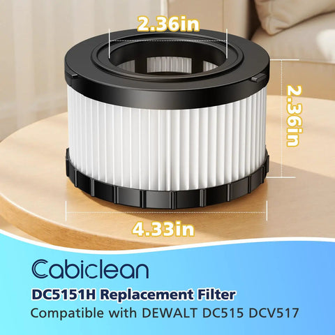 DC5151H Replacement Vacuum Filter For DC515 And DCV517 Wet Dry Vacs Washable Pleated Filter on table with dimensions