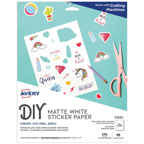Front view of Avery DIY Matte White Sticker Paper pack, 8.5 x 11 in, 5 sheets, repositionable adhesive.