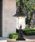 Outdoor Post Light With E26 Socket, 3-Inch Pier Mount, Waterproof Black Lantern With Water Glass Shade In Garden Setting.