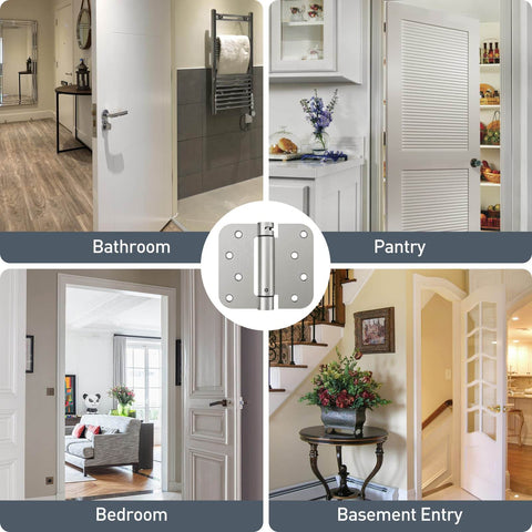 Self Closing 4 Inch Door Hinges With Spring Loaded Adjustable Tension For Front And Back Garage Doors Brushed Nickel UL Listed in various door settings