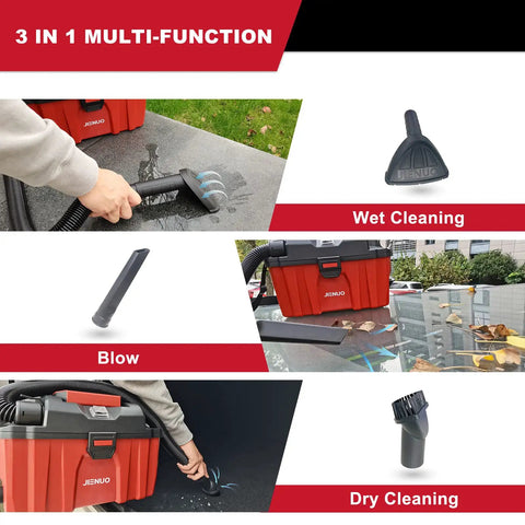 Using Cordless Wet and Dry Shop Vac with 20V 4.0Ah Battery for wet cleaning, blowing, and dry cleaning on various surfaces.