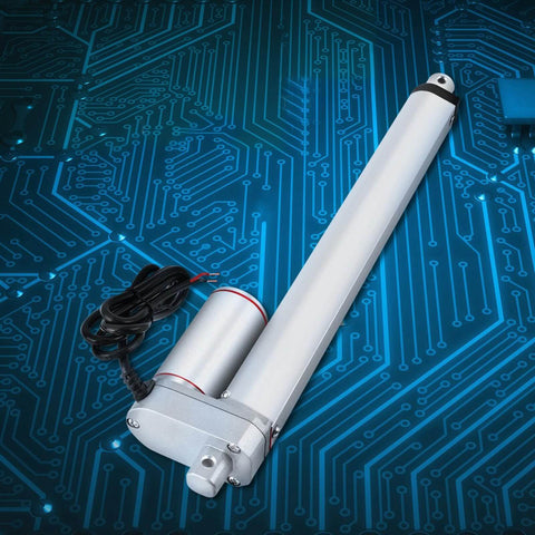 Beefed Up 24V Electric Linear Actuator With 750N Thrust, 200mm Stroke, shown against a digital circuit background.