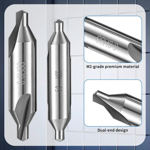 7 Piece Center Drill Set With 60 Degree Countersink Bits In M2 Pro Grade High Speed Steel showing size 5.0 to 6.0 detail