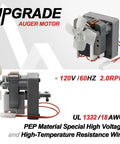 Heavy-Duty 2.0 RPM Auger Motor Replacement for Universal AC Pellet Grills with wiring and specifications displayed.