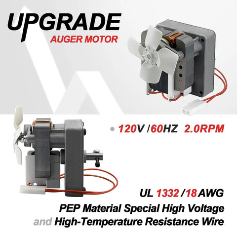 Heavy-Duty 2.0 RPM Auger Motor Replacement for Universal AC Pellet Grills with wiring and specifications displayed.