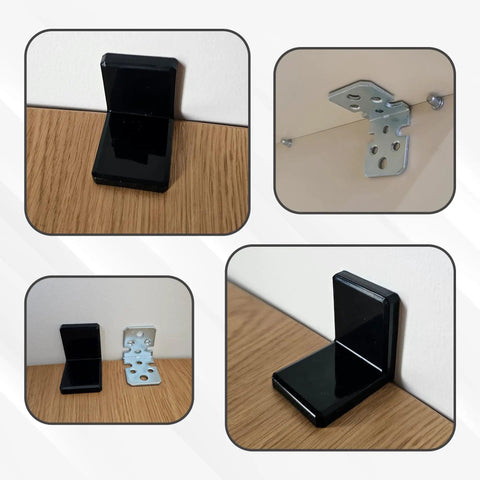 Heavy Duty Stainless Steel L Brackets With Black Protective Caps Pack Of 100 installed on wooden shelf, ensuring stability.