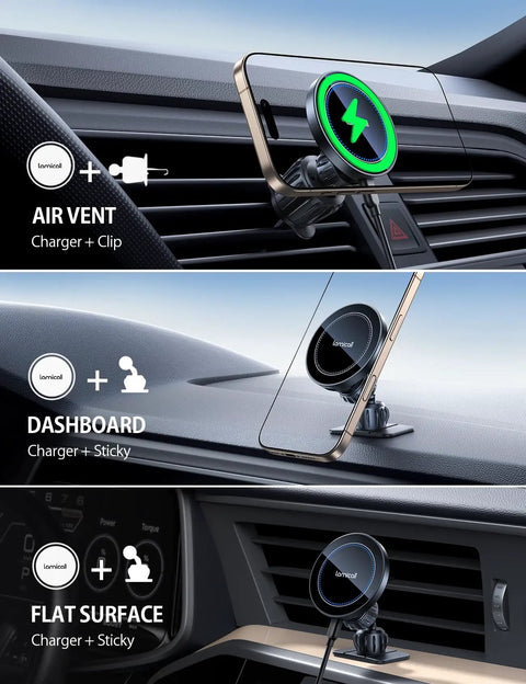 MagSafe Car Mount Charger With 15W Wireless Power, 20X Strong Magnets, 3-In-1 Dash Or Vent Mount in a car with phone holder.
