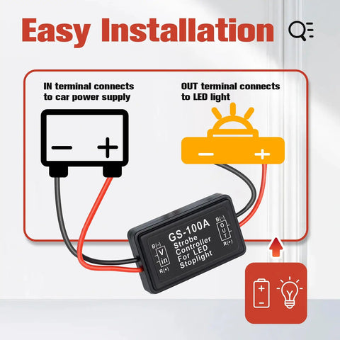 Easy Installation diagram of LED Brake Light Flasher Module For 12V-24V Vehicles Red Tail Light Strobe With Smart Brake Pattern Quick 4x Blink Slow 4x Blink Then Steady Beef Up Rear Visibility And Cut Rear-End Risks.