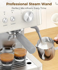 Kick Up Your Daily Grind With This Rock Solid Commercial Espresso Machine Featuring A Built In Grinder Steam Wand And Heavy Duty Tamping Kit For Flawless Lattes In Clean White, showing professional steam wand with milk jug.