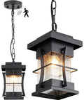 Motion Outdoor Pendant Light With Dusk To Dawn Sensor Exterior Hanging Lantern In Black Finish With Seeded Glass