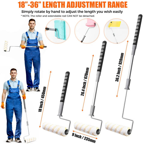 Man illustrating Extendable 9 Inch Paint Roller Kit With 6 Pack Includes Five Microfiber Roller Covers 1/2 Inch Nap Telescoping Roller Frame
