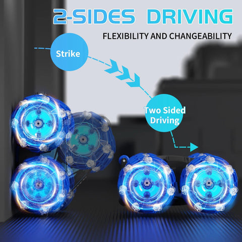 YEMIAI remote-control stunt car, blue wheels with LED lights, close-up view