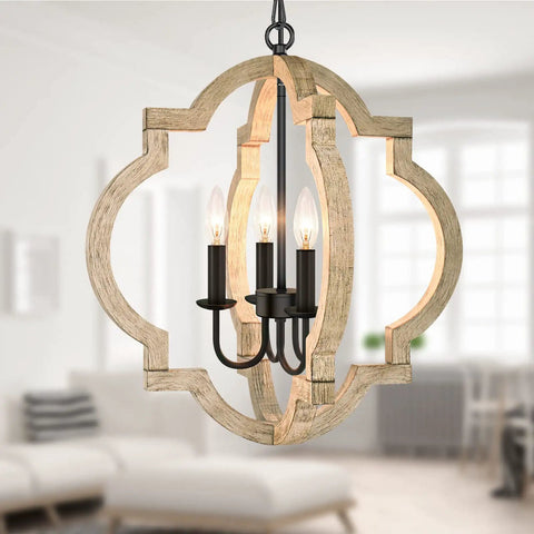 Cozy Farmhouse Orb Chandelier Four Light Rustic Pendant Ceiling Lights With Adjustable Wood Frame And Black Metal Sockets