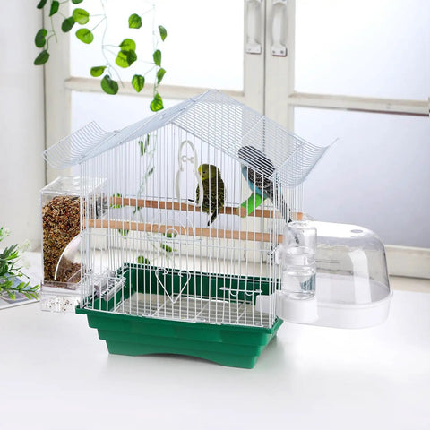 Automatic Bird Water Dispenser And No Stress Parrot Cage Bottle attached to small pet cage, clear PVC feeder, with two birds inside.