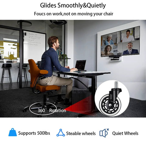 Office scene showing 2 Inch Office Chair Caster Wheels Set of 5, Heavy Duty Casters, steel body, polyurethane wheels, scratch-free glide.