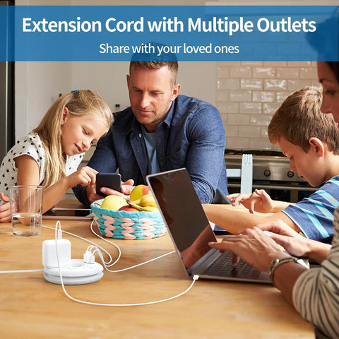 Family using Must Have Travel Power Strip With Three Outlets And Three USB Ports Including One USB C Cruise Approved Short Three Foot Extension Cord For Hotels Cruises Home Or Office Compact White at dining table.