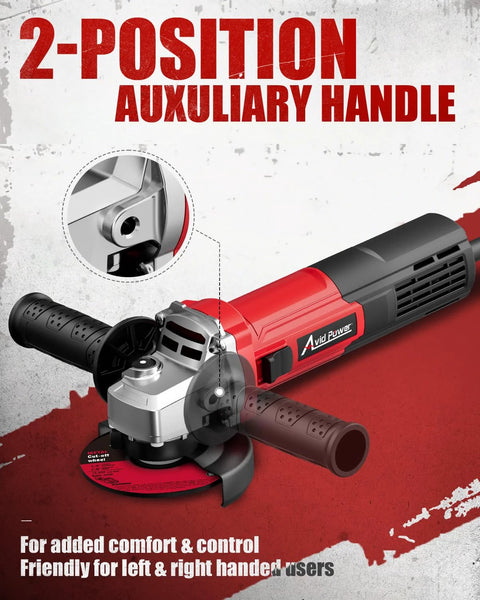 AVID POWER angle grinder, red and black, 4-1/2 inch, with grinding wheel and auxiliary handle