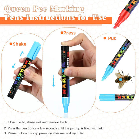 Step-by-step guide using marker from All In One Queen Bee Marking Kit With 8 Pens 2 Bottles And 5 Plastic Cage Clips.