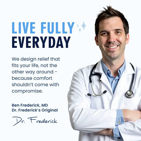 A smiling doctor in a white coat with stethoscope promotes comfort-focused health message, "Live Fully Everyday."