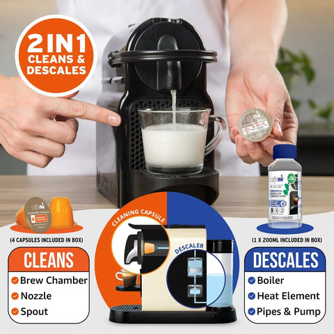Descaling Kit With Two Use Descaling Solution And Four Cleaning Pods For Espresso Machines Removes Limescale And Cleans Pod Area Delivering Hotter Richer Tasting Coffee And Longer Machine Life For Your Home Barista Setup