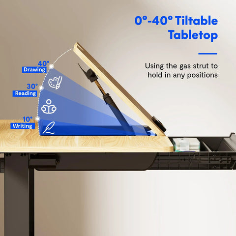 Flexispot Electric Drafting Table With Adjustable Height And Tilting Top 47.2 By 23.6 Inches showcasing 0-40° tiltable tabletop for drawing, reading, and writing.