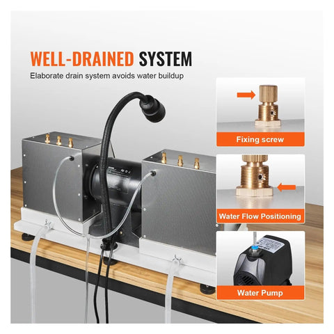 Rear view of 6 Inch Lapidary Rock Grinder And Polisher With Lamp And Water Pump Up To 1800 RPM showing water drainage system components.