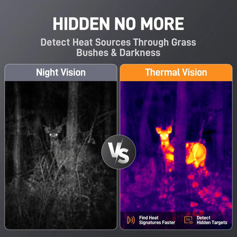 Thermal Monocular For Night Hunting And Wildlife Watch showing night vision vs thermal vision of a deer, 256x192 Sensor With Super Resolution To 512x384