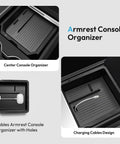 Tesla Center Console Organizer Tray fits Model Y Juniper 2025-2026 and Model 3 Highland 2024-2026, shown with card and cable slots.