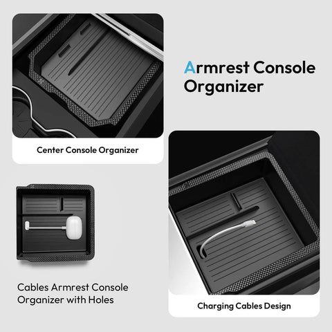 Tesla Center Console Organizer Tray fits Model Y Juniper 2025-2026 and Model 3 Highland 2024-2026, shown with card and cable slots.