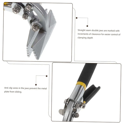 Manual Hand Seamer Tool For Metal Bending And Seaming, Flat Bar Bender with ergonomic double handle, close-up view of jaws