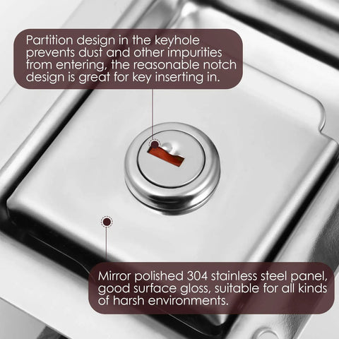 Close-up of heavy duty stainless steel paddle lock with key for RV trailers and doors flush mount security latch keyhole design.