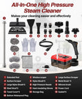 Supercharged 1500W Steam Cleaner with 1.2L Tank and 10s Heat Up delivers 221 Degrees High Pressure Steam, 20 attachment tools displayed.