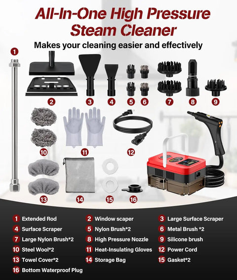Supercharged 1500W Steam Cleaner with 1.2L Tank and 10s Heat Up delivers 221 Degrees High Pressure Steam, 20 attachment tools displayed.