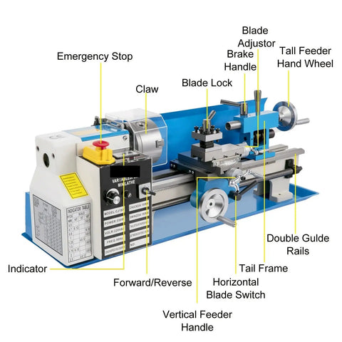 Heavy Duty Min Metal Lathe 7x14 Inch Benchtop Precision Machine 550W Variable Speed 0-2500Rpm 21Mm Spindle Hole with controls labeled.