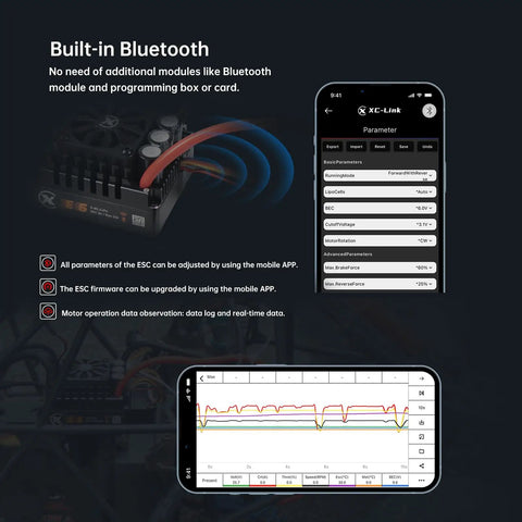 Beefy Motor And E6 Sensored Brushless ESC Combo For RC Cars Bluetooth app control feature display with graph updates.