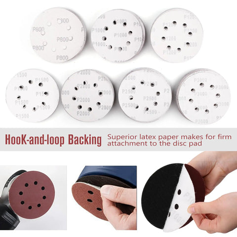 70 Pack 5 Inch 8 Hole Sanding Discs 800 1000 1200 1500 2000 2500 3000 Grit Aluminum Oxide Sandpaper Set close-up