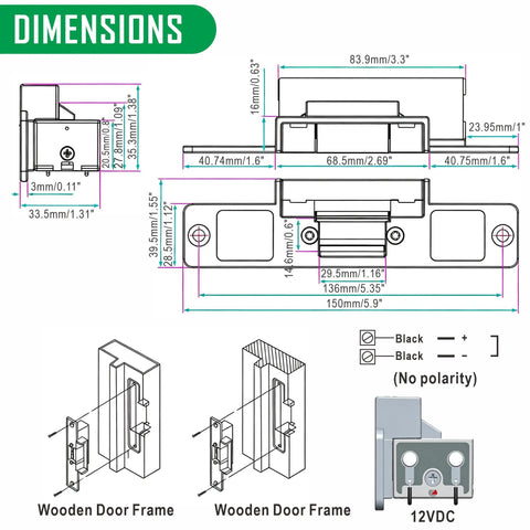 Dimensions diagram for Heavy Duty Electric Door Strike Lock Fail Secure 12Vdc Access Control Setup For Warehouses.