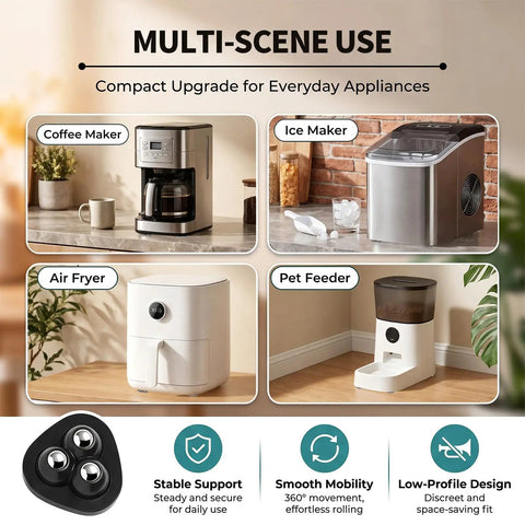 Say Adios To Heavy Lifting With These Hassle Free Self Adhesive Appliance Sliders featuring coffee maker, ice maker, air fryer, and pet feeder.
