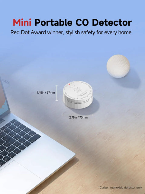 Nano Sized Portable Carbon Monoxide Alarm Battery Powered With 85 Decibels Alert UL 2034 5th Edition Certified And CSFM Approved 10-Year Battery Figaro Sensor Test Button Small CO Detector For Home Travel RV shown next to a laptop for scale.