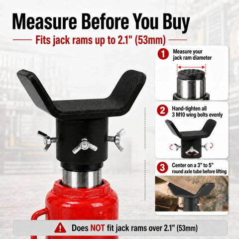 Bottle Jack Adapter With Triple Lock Fits Eight To Twenty Ton Jacks Up To Two Point One Inch Ram Diameter with instructions