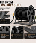 Beefy Heavy-Duty Garden Hose Reel With 200 Ft Capacity, Dual Floor Or Wall Mount, All Metal Hose Organizer with graphite finish
