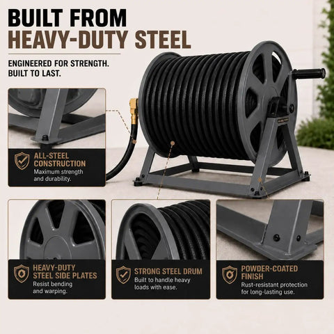 Beefy Heavy-Duty Garden Hose Reel With 200 Ft Capacity, Dual Floor Or Wall Mount, All Metal Hose Organizer with graphite finish
