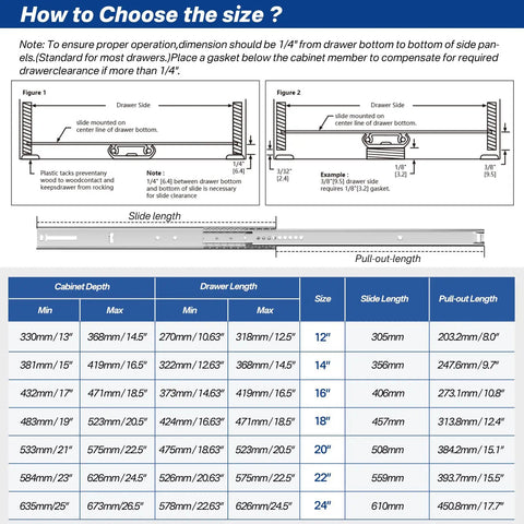 Diagram for selecting sizes of 14 Inch Center Mount Drawer Slides 4 Pcs Heavy Duty Hidden Cabinet Rails and dimensions.