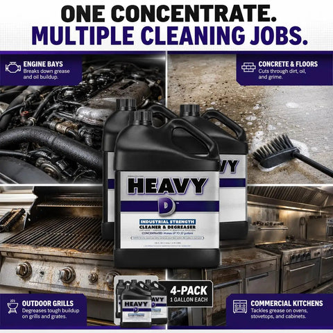 Heavy Duty Industrial Degreaser Concentrate for engine oil and grime, 1 gallon bottles for multiple cleaning jobs.